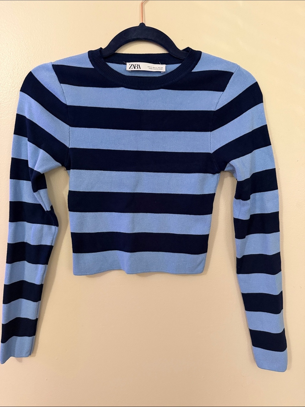 Zara Light Blue & Navy Striped Long Sleeve Crewneck Top